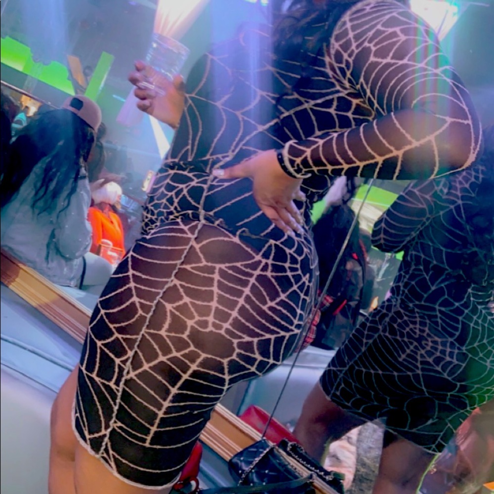 Black web print mesh dress